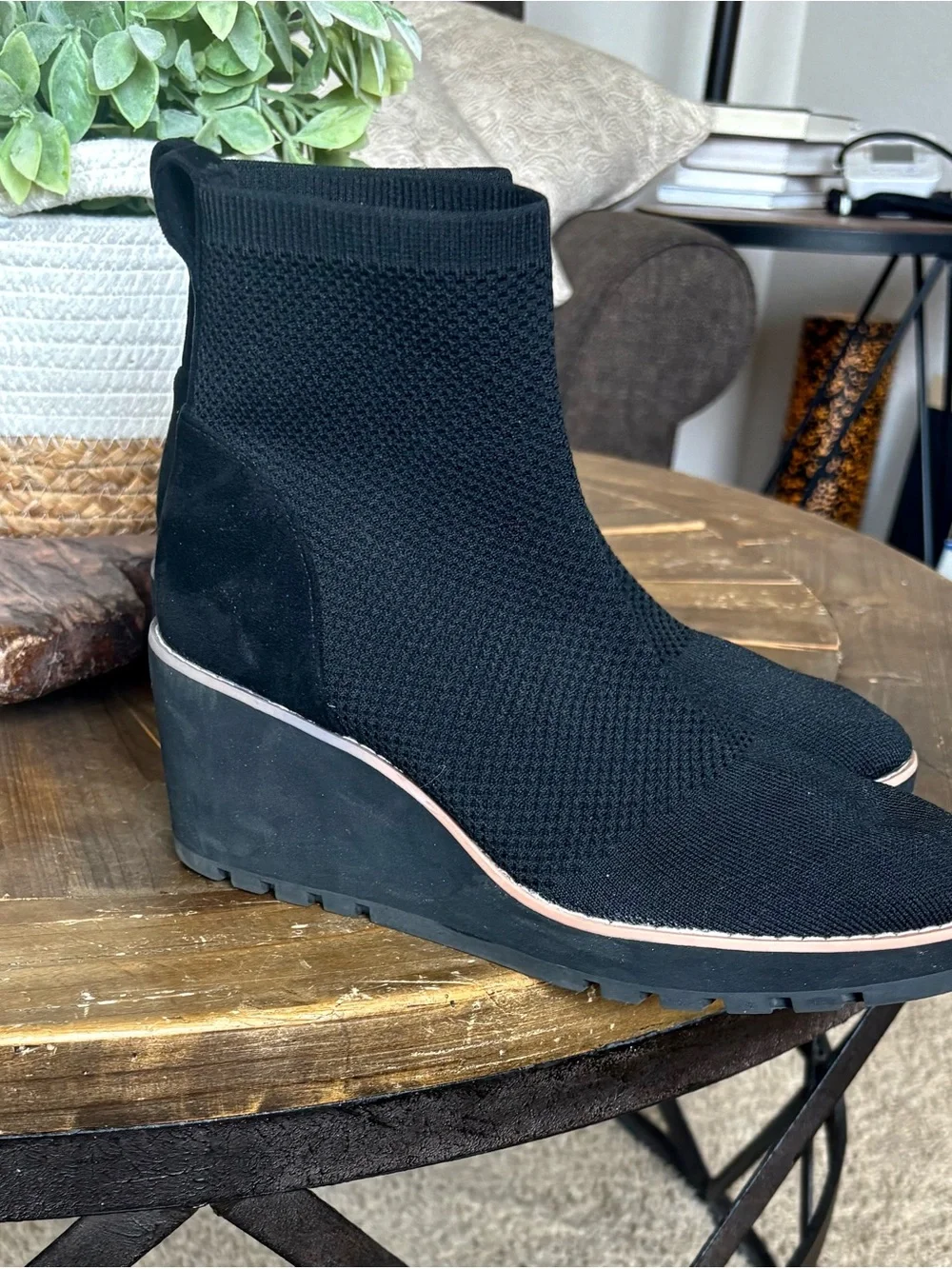Anne Klein Black Knit Wedge Ankle Boots with Trim. Size 8
